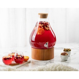 Classic Home Teardrop Clear Glass Ice Cold Beverage Drink Dispenser- 2.75 Gallon, With Cork Lid & Modern Wood Base Leak Proof Spigot- Wide Mouth Easy Filling For Outdoor, Parties & Daily Use