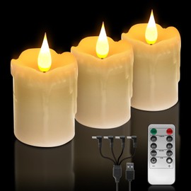 3 PCS Real Wax Rechargeable Flameless Warm White LED Candles,Remote Control,D2 x H4”,Brightness Adjustable Flickering Battery Operated Tea Lights Candles with timer,for Christmas, Wedding, Home Decor