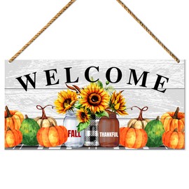 Fall Welcome Wood Sign Decor, Fall Pumpkin Wall Decor for Home Porch Farmhouse Living Room Autumn Front Door Decorations Sunflower Thanksgiving Harvest Hanging Sign Decor, Fall Thankful