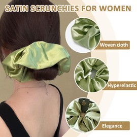 4 Pack 7" Oversized Satin Scrunchies for Women Thick Hair, Retro Elegant Soft Silk Hair Ties for hair Sleep Elastic Ponytail Holders Gentle No Hurt (4PCS(Green+Dark Green+White+Black))