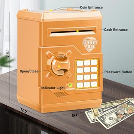 Qwifyu Piggy Bank for Boys Girls, Kids Safe Money Bank for 4 5 6 7 8 9 10 Year Old Girl Boy Birthday Gift,Electronic Password Money Saving Box ATM Safe Bank Toys for Kids (Orange)