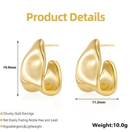 Women's Gold Stud Earrings, Chunky Golden Earrings, Women's Dangle Earrings, Gold Earrings, Hypoallergenic, Vintage Earrings, Jewellery Gifts for Women, Girls, Zinc, No Gemstone