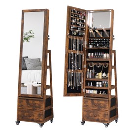 MASMIRE Rotating Jewelry Cabinet with Vanity Mirror,Full Length Mirror with Storage Jewelry Armoire Lockable Jewelry Organizer Standing Mirror with Drawers Wheels Christmas Gift for Girl Rustic Brown