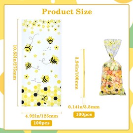 GORGECRAFT 100Pcs Bee Bags Yellow Honeycomb Flower Plastic Candy Treat Bags with Twist Ties Clear Cello Goodie Bags for Birthday Weddings Christmas Party Favors Supplies 10.83x4.92