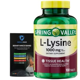 Spring Valley L-Lysine 1000mg 100 Tablets, llysine Supplement for Immune Support Bundle with Resistance Bands for Working Out (Set of 5)