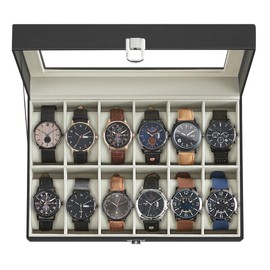 SONGMICS Watch Box, 12-Slot Watch Case Organizer with Large Glass Lid, Removable Pillows, Christmas Gift, Black Synthetic Leather, Greenish Beige Lining UJWB12BE
