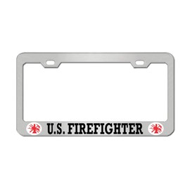 U.S. Firefighter Chrome Military License Plate Frame Tag Cover Aluminum Metal