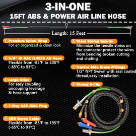 KOOTANS 15FT Semi Truck Air Lines Kit 3 in 1 Trailer Cord and Air Brake Hoses Assembly, 7 Way ABS Electric Power Line Air Hoses Kit for Semi Truck Trailer Tractor