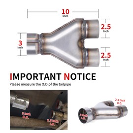 Richeer 3 to 2.5 inch Exhaust Tip Y Pipe, 3" Inlet 2.5” Outlet 10” Overall Length Stainless Steel Exhaust Tip Surface Polished Finish Universal for Vehicles with 3" O.D. Exhaust Tailpipe