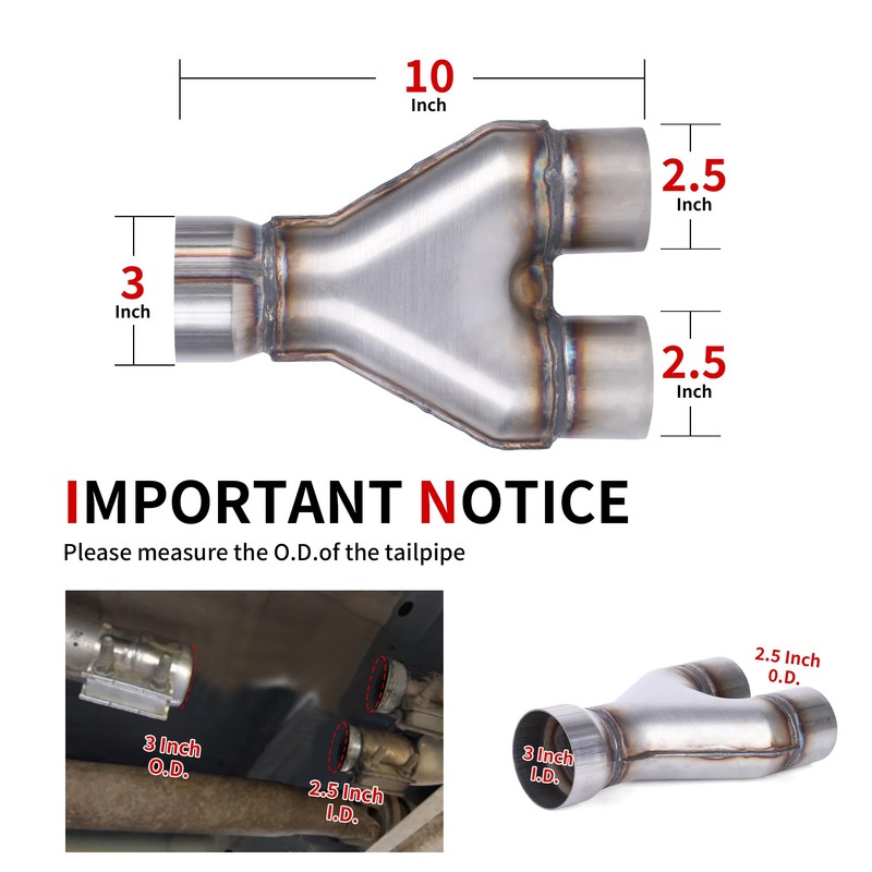 Richeer 3 to 2.5 inch Exhaust Tip Y Pipe, 3"
