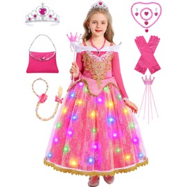 Sleeping Beauty Costume Girls, Princess Aurora Costume, Children, Sleeping Beauty Dress, Fancy Dress Costume, Pink Dress for Carnival, Birthday with Accessories, Wig, Handbag, Crown, Wand G085M