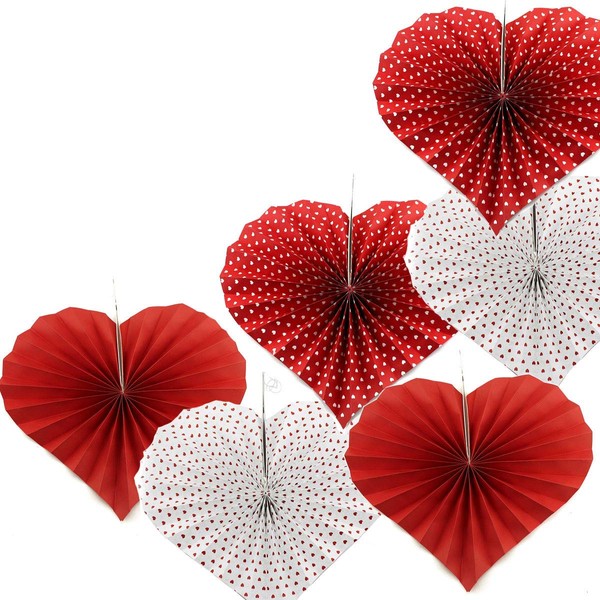 Adorox Set of 12 Romantic Valentines Day Heart Shaped Vibrant Bright Colors Hanging Paper Fans Rosettes Party Decoration for Holidays Fiesta (2 Pack)