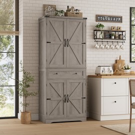 HOSTACK 71" Tall Pantry Cabinet, Farmhouse Kitchen Pantry with Storage Shelves, Barn Doors Food Storage Cabinet, Freestanding Kitchen Hutch with Large Drawer for Dining Room, Living Room, Ash Gray