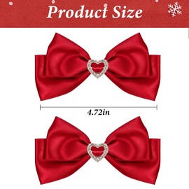 2pcs Red Satin Bow Hair Clips, Christmas Hair Bow Clips Rhinestone Heart Decor Red Double Layer Bow Hair Barrettes, Christmas New Year Valentines Day Hair Accessories Gifts for Women Girls