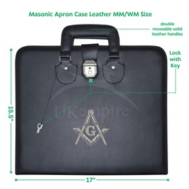 Masonic Master Mason Apron Case Black Imitation Leather – Hand Embroidered (Silver Emblem), MM Provincial Size | Freemason Carrying Bags