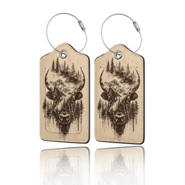 2 Pack Luggage Tags for Suitcases, Travel ID Tags with Privacy Cover, Stainless Steel Loops & Address Card – Cruise Essentials for Women Men, Backpacks & Bags Mountain Highland Cow