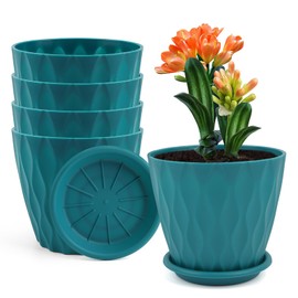 Outigu 6 Inch Indoor Pots for Plants, 5 Pack with Drainage Holes & Tray Saucers, Multi-Color Plastic Planters, Small Pots for Indoor Plants (Blue)