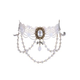 Elegant Gothic Lace Rose Choker Necklace Halloween Vintage Pearl Necklaces Halloween Victorian Lolita Costume Accessories Bridal Wedding(White D)