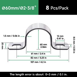 HXJDAM Pack of 8 U-pipe clamps, 60 mm, stainless steel pipe clamp, U-pipe holder for pipe attachment of gas pipes, cables and water pipes