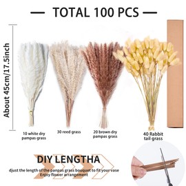 100PCS Natural Dried Pampas Grass Decor - 17" Fluffy Pampas Grass Bouquet - Boho Home Decor Dried Flowers for Wedding Floral Room Home Party Table Decorations