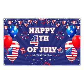 ANFEST Happy 4TH of July Backdrop, Independence Day Party Banner, Fourth of July Memorial Day Decoration, Veterans Day Party Decor, with 32FT Rope, Red Blue White Props for Photos 5.9x3.6ft Large Flag