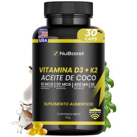 NuBoost Vitamina D3 + K2 con Aceite de Coco - 30 Softgels Dúo D3 K2 en Cápsulas Blandas con Base Grasa para Absorción - Suplemento Adultos, Sin Gluten, Non-GMO, GMP USA