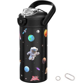 MYFOREST 14oz/400ml Insulated Kids Water Bottle, Surgical Grade Steel, High-Resolution Original Pattern, Dishwasher-Safe, Name Badge, Carabiners (Black, Space)