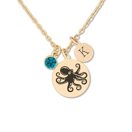 Octopus Jewelry Necklace for Women, Gift for Ocean Lover Pendant, Choice of Initial and Birthstone, 18K Gold or Silver Plate, Nautical Beach Theme