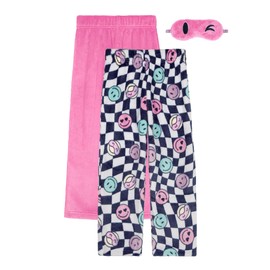 Saint Eve Kids Girls Fuzzy Pajama Pants, 2 Piece PJ Pant Set and Sleep Mask - Pink Smiley, Small