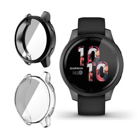 ToVioc [Pack of 2] Case with Screen Protector Compatible with Garmin Venu 2, Anti-Scratch, Full Protection Shell, Flexible TPU Protective Case for Garmin Vivoactive 4 - Black & Transparent