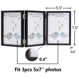 3 Picture Frame 5x7 Black Triple Hinged MDF Wood with Glass Front Three Opening Photo Frame Stand Vertical on Tabletop | WUTL