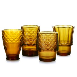 MDLUU Fish Design Tumbler Glasses, Stackable Drinking Glasses, Colored Glass Beverage Cups, Nautical Glassware for Gift, Set of 4 (Amber)