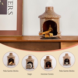 Belsea Palo Santo Holder, Mini Fireplace Palo Santo Burner, Handmade Ceramic Smudge Bowl for Sage, Incense Cones, Candles, Chimenea Ash Catcher for Meditation, Yoga, Spa, Home Decor (Brown)