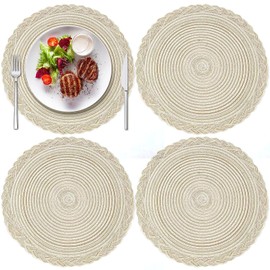12 Inch Placemats,Round Braided Placemats Set of 4,Washable Heat Resistant Cotton Polyester Circle Place Mats for Kitchen Dinner Party Table Decoration,Tip: Choose the Right Size as Needed.