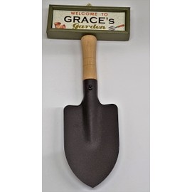 "Welcome to Grace's garden" hanging shovel sign