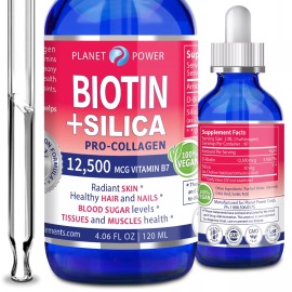 Planet Power Supplements Vegan BIOTIN Drops + SILICA Pro Collagen 12,500mcg. Healthy Hair Skin Nails 4oz
