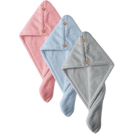 Genérico Toallas Microfibra Absorbentes Cabello 3 Piezas Secado Rápido Botón Ajustable Uso Diario Casa Hotel Viaje Mujer Rosa Gris Azul