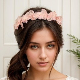 Yheahin Handmade Chiffon Flower Headband with Pearl Design Elegant Pink Rose Floral Hair Band Bridal Wedding Prom Party Hair Accessories for Women (Style 5, Elastic)