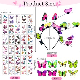 Shinybox Luminous Butterfly Fascinator with 8 Pieces Butterfly Hair Clip and 30 Pieces Butterfly Tattoo Stickers, Butterfly Headband for Girls Party Carnival Cosplay (Multi-Colour)