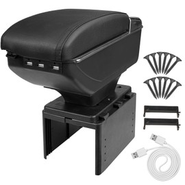 Htostar Racing Car Armrest Box with Double Layer Storage, Black Leather and USB Charging Ports