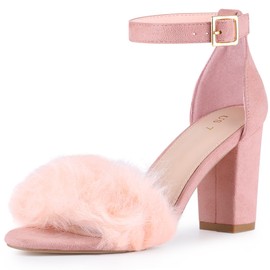 Perphy Fluffy Feather Heels Ankle Strap Chunky Fur Heels Sandal for Women Pink 7 UK/Label Size 9 US