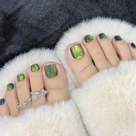 Green Press on Toenails Short Square Fake Toe Nails Shiny Glitter False Toenails Jelly Gel Glue on Nails Bling Glitter Acrylic Toe Nails Glossy Stick on Nail for Women Girls 24 Pcs