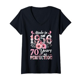 Womens 70 Years Old Born In 1956 Floral 70th Birthday Gifts Women V-Neck T-Shirt