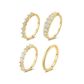 FDEETY Pack of 4 Women's Stackable Rings 14K Gold-Plated Cubic Zirconia Ring Hypoallergenic Stylish and Elegant Rings Suitable for Daily Life Party Wear, Zinc
