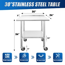 Chingoo Stainless Steel Table with Wheels 24 x 30 Inches Metal Prep Table with Backsplash & Adjustable Undershelf, Stainless Table for Commercial Kitchen, Outdoor, Restaurant, Hotel & Garage