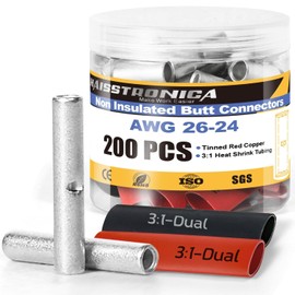 haisstronica Non Insulated Butt Connectors Kit, 100pcs Tinned Copper Uninsulated Wire Connectors with 100pcs 3:1 Heat Shrink Tubing for Automotive Marine (AWG 26-24)