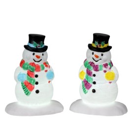Lemax Holly Hat Snowmen -Holiday Village Train Lighted -set Of 2
