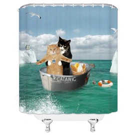 AMHNF Funny Cat Shower Curtain Cute Black Orange Kitten Couple Cosplay as Titanic on Teal Ocean Creative Animal for Pet Lover Bathroom Decor Fabric Curtain,70X70 Inch with Hooks