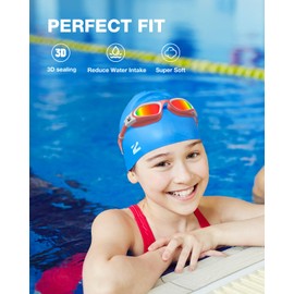 ZIONOR G1MINI Children's Swimming Cap, Polarised Anti-Fog UV Protection Swimming Goggles for Girls and Boys (Years 8-14) (Blue Swimming Cap, Pink-Red Polarised)