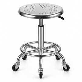 ZWJLIZI Rolling Stool, Stainless Steel Workbench Stool, Adjustable Swivel Stool Medical 5 Wheels, 304 Stainless Steel Structure Laboratory Round Pad, Load Capacity 445 lbs (Silver)